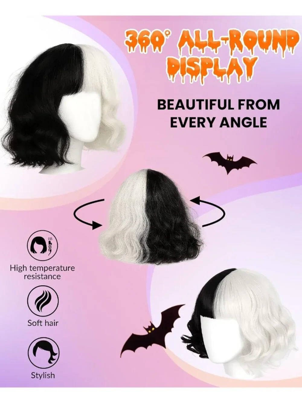 Women's Black White Cosplay Convenient Set Include Adjustable Wig Cap Headpiece